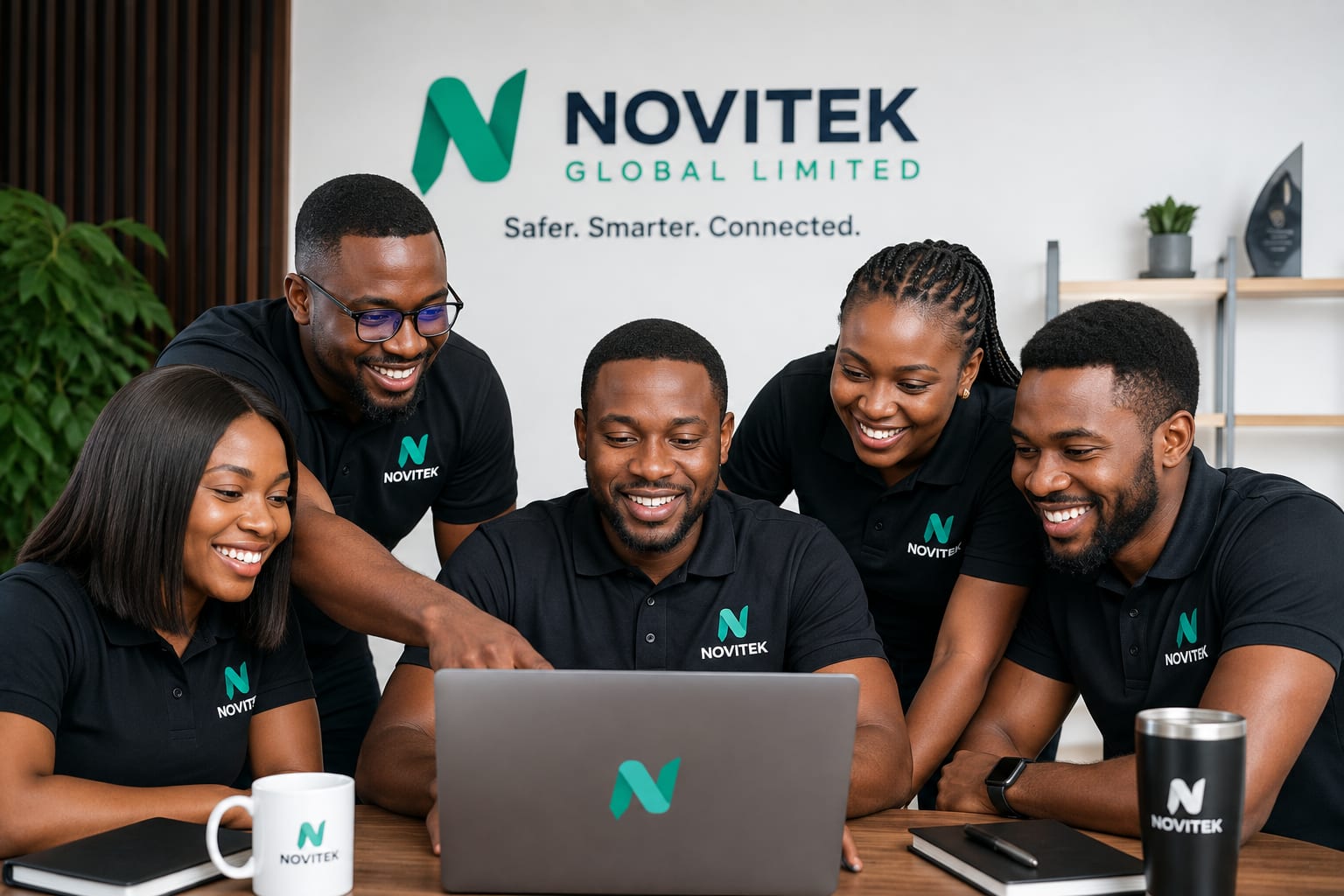 The Novitek Global Limited team reviewing work together in the office